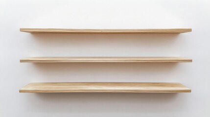 Three wooden shelves hanging white wall are made blank bookshelf