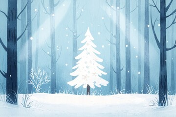 Fototapeta premium Whimsical watercolor illustration christmas theme, A serene winter forest scene featuring a glowing white Christmas tree surrounded by snow-covered ground and tall, dark trees.