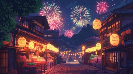 8-bit anime festival scene with glowing lanterns, fireworks, and colorful pixelated stalls.