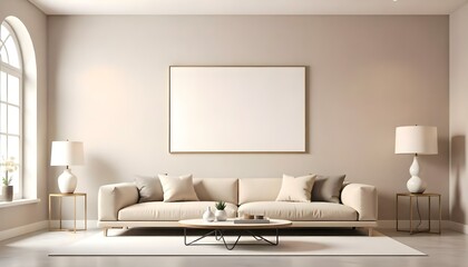 A modern living room with a large beige sofa, a minimalist white framed artwork on the wall, and a coffee table with decorative objects