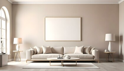 A modern living room with a large beige sofa, a minimalist white framed artwork on the wall, and a coffee table with decorative objects
