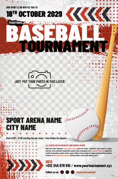 Baseball tournament poster template with ball, bat, arrows, grungy and halftone elements and place for your photo
