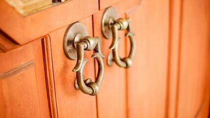 Obraz premium The front view and antique door handle made of old and shiny metal on an old wooden door, is the gate of a palace