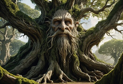 majestic Treebeard with a massive, gnarled tree trunk for a body, sprawling branches for arms, and a wise, ancient face