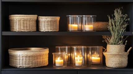 Natural and sustainable stock cupboard, woven baskets, glass containers, warm lighting, environmentally friendly design 