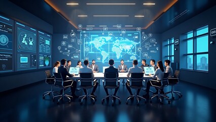Visualize a business meeting with executives interacting with AI-driven holographic presentations. Include floating data charts, digital assistants, and futuristic conference room aesthetics.