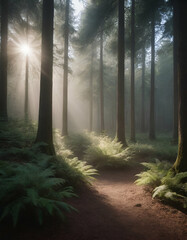Misty Forest with Sunlight Filtering Through Trees