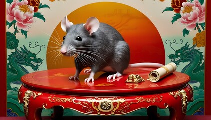 Gray Rat on Red Table with Dragon Decor