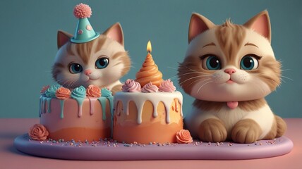 3d cartoon of cat with a birthday cake. celebrating birthday.
