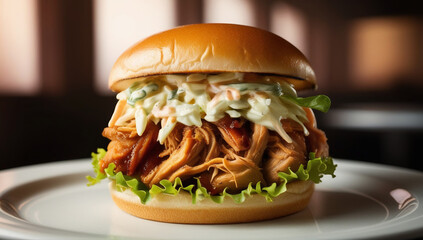 Pulled pork burger served with fresh greens and tangy slaw: A Match Made in Heaven: Pulled Pork and Tangy Slaw