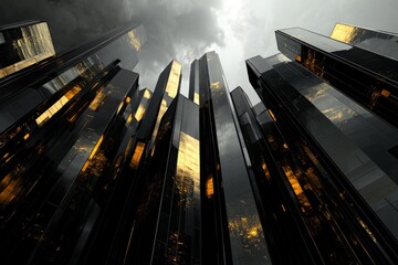 Skyscrapers made of black and gold glass, with golden light shining on them. The sky is dark grey, creating an atmosphere full of mystery and a futuristic feeling. 