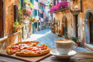 Fototapeta premium A cozy outdoor scene featuring pizza and coffee in a picturesque street.