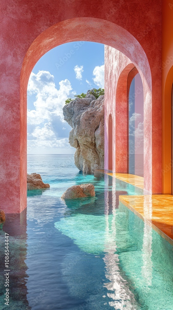 Poster serene coastal view through arched openings in a vibrant structure.