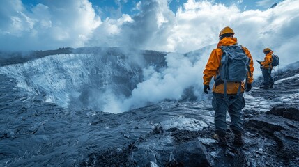 Obraz premium Volcanic Exploration Scientists Studying Active Crater