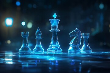 A chessboard with chess pieces, illuminated by dynamic lighting effects. The background is dark, creating an atmosphere of intense competition