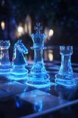 A chessboard with chess pieces, illuminated by dynamic lighting effects. The background is dark, creating an atmosphere of intense competition