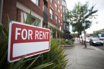 For rent sign in front of a city apartment building