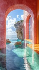 Serene coastal view through arched openings in a vibrant structure.