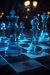 A chessboard with chess pieces, illuminated by dynamic lighting effects. The background is dark, creating an atmosphere of intense competition