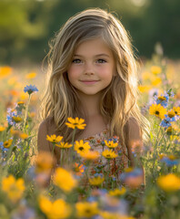 A positive, smiling girl sitting on a sunlit meadow . AI generative.