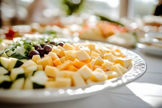 A close-up of assorted gourmet cheeses beautifully presented on a white platter. Soft light. Clean canvas for National Cheese Lover's Day. - Powered by Adobe