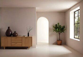 Fototapeta premium A minimalist interior with an arched doorway, a wooden cabinet with decorative vases, and a potted plant on the shelf.