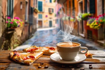 Fototapeta premium A steaming cup of coffee beside a slice of pizza, set in a picturesque street scene.