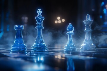 A chessboard with chess pieces, illuminated by dynamic lighting effects. The background is dark, creating an atmosphere of intense competition