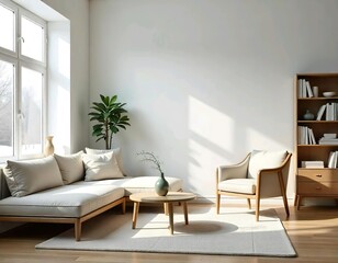 Fototapeta premium A modern, minimalist living room with a gray sofa, wooden coffee table, and potted plants. The room has large windows that let in plenty of natural light, creating a bright and airy atmosphere
