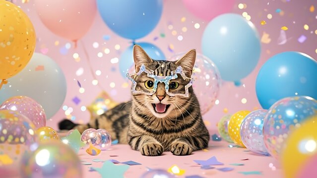 Playful tabby cat wearing star glasses amidst colorful balloons and confetti.