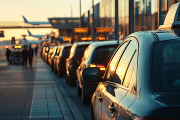 A line of taxis parked outside an airport terminal, with a taxi driver leaning on their car,...