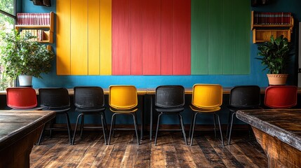 Modern caf? interior with colorful chairs and vibrant wall design.