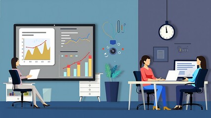 Design a scene where business analysts use advanced data visualization tools, interactive dashboards, and AI predictions to drive business growth strategies.