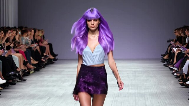 A model with sleek, purple ombre hair walks down a runway in soft daylight. the camera smoothly pans.