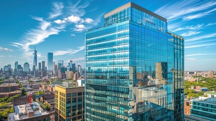 Naklejka premium Modern Urban Building with Scenic City Skyline