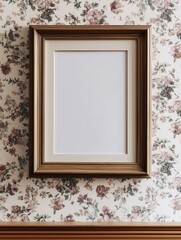 Blank photo frame mock up mount on wall with vintage flowers wallpaper. Concept of Art Gallery, Picture Exhibition, Old Fashion