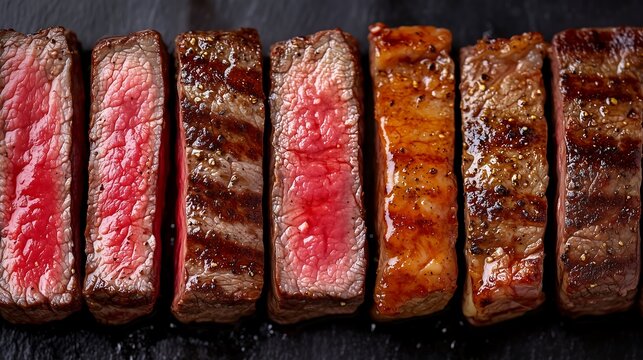 A close-up shot of cooked steak slices arranged in a row, each showcasing different doneness levels from rare to well-done.