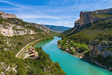 Scenic river winding through lush valleys and mountains under a bright blue sky.