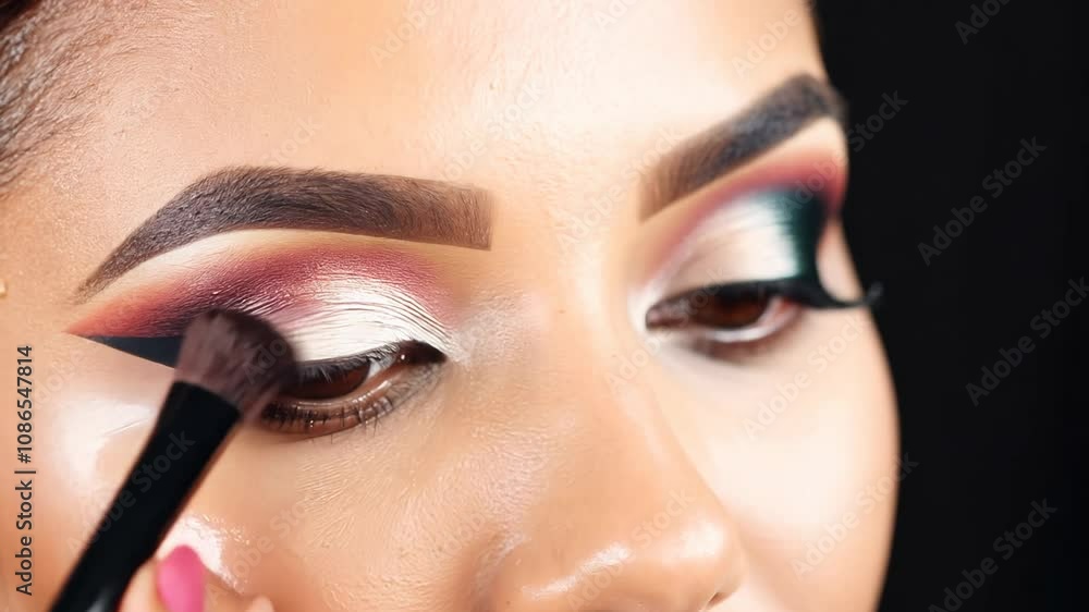 Poster close-up video of eyebrows being shaped and filled in with precise brush strokes under studio lighti