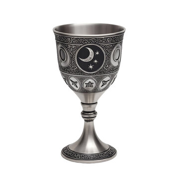 Chalice, A silver goblet engraved with moon phases and pentacles, ready for libations, isolated on white background