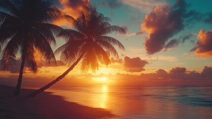 Obraz premium Tropical Sunset Beach Scene Palm Trees, Ocean, Golden Sky