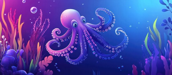 Playful vector of an octopus underwater, purple and blue colors, fun and friendly 