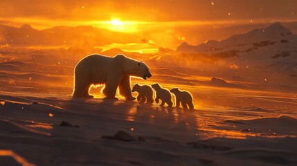 Arctic Sunset Polar Bear Family Silhouette at Golden Hour