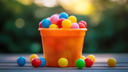 Colorful Plastic Balls in Orange Bucket, Outdoor Fun