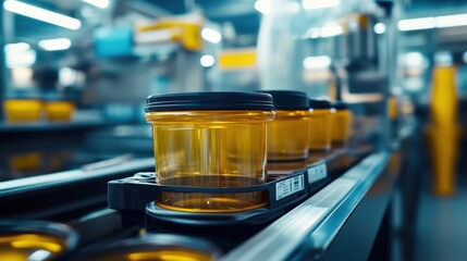 Obraz premium Automated Factory Amber Jars Conveyor Belt Production Line