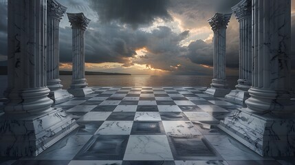 The photo showcases a massive chessboard surrounded by marble columns, each piece a symbolic political monument representing power struggles, set against a stormy skyline. Photography, National Geogra
