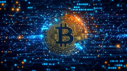 Fototapeta premium Digital Bitcoin with glowing circuits, representing modern cryptocurrency trends.