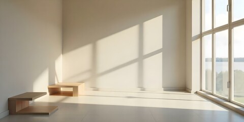 Fototapeta premium A minimalist interior with large windows, wooden benches, and a clean, serene atmosphere