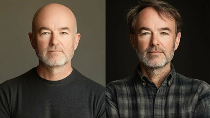 Two men with beards showcase distinct styles in contrasting lighting.