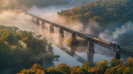 Scenic Train Bridge Over Foggy River at Sunrise